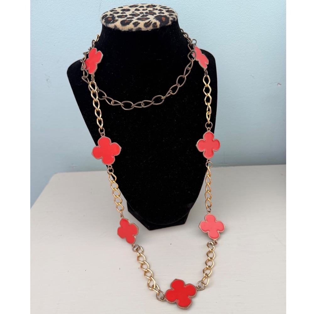 Y2K Vintage Red Clover Flower Gold Tone Long Chain Rope Necklace 90s Iconic